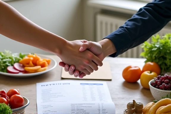 Két ember kezet fog, mint egy sikeres konzultáció jelképe, asztalon táplálkozási tervekkel és egészséges ételekkel.