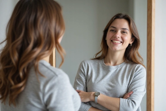 Fiatal nő mosolyog, elégedetten nézve a tükörbe, miután sikeresen fogyott.