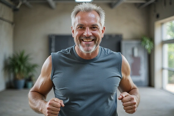 Középkorú férfi sportol, tele energiával, mosolyogva.